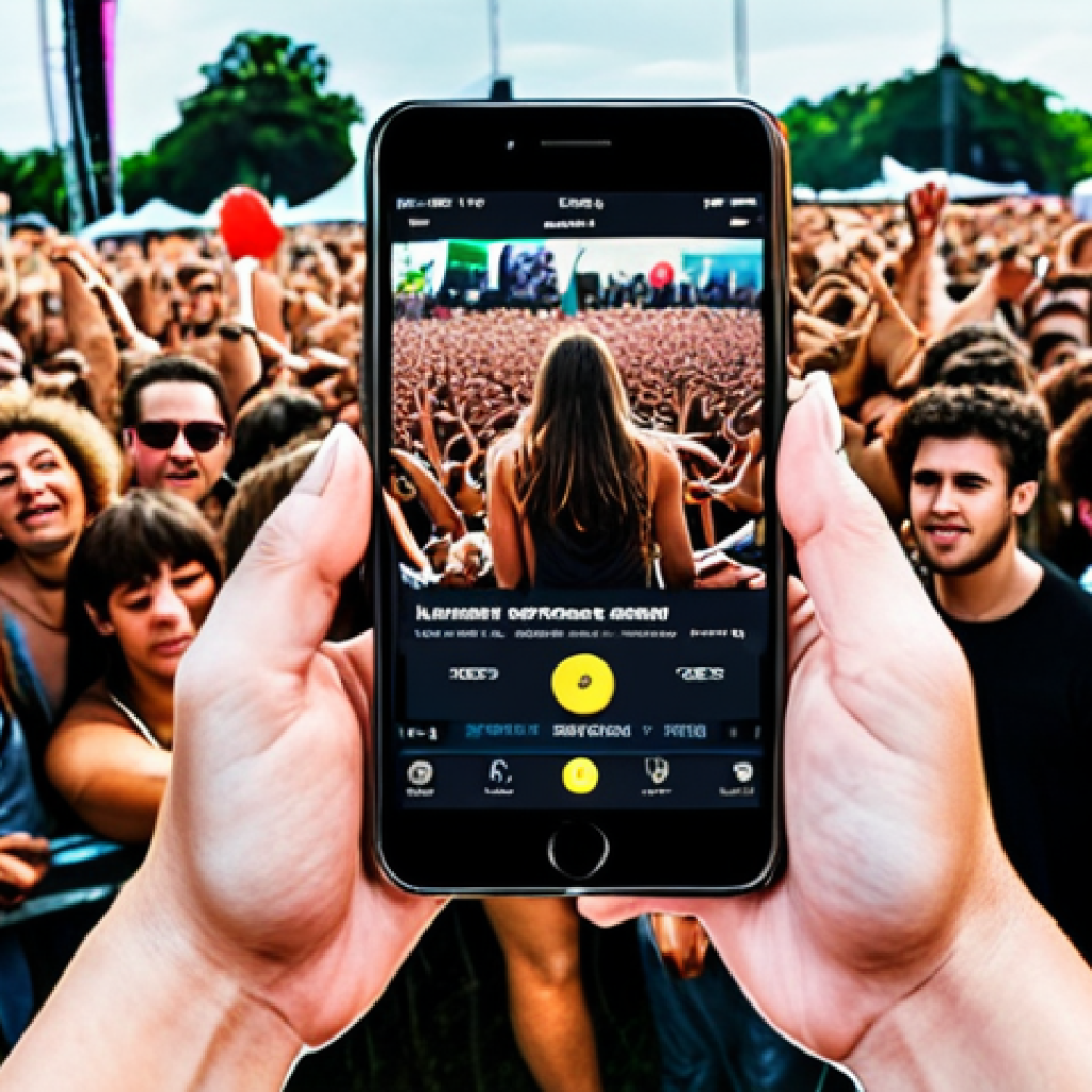 **Interactive Music Festival:** A vibrant music festival scene. The focus is on a person using a mobile app to personalize their concert experience. Show personalized recommendations, artist interaction, and voting features. Include a diverse crowd enjoying the music and technology.