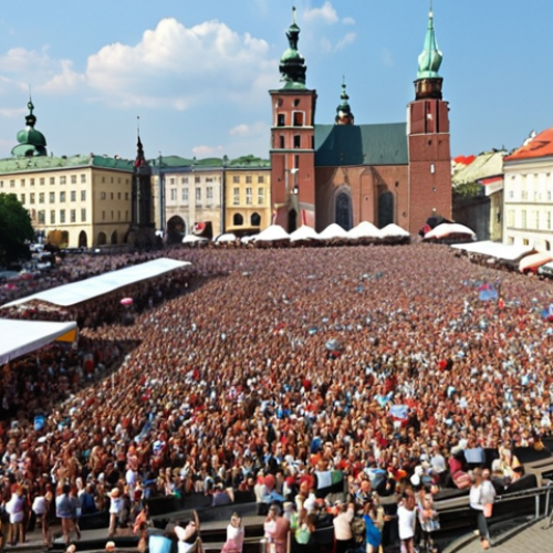 **A bustling Krakow music festival:** Capture the vibrant energy of a music festival in Krakow. Focus on the crowd, the stage lights, and a local food vendor stall selling *pierogi* and *kielbasa*. Include a mix of ages in the audience and maybe someone holding a *Tyskie* beer. The atmosphere should be lively and distinctly Polish.