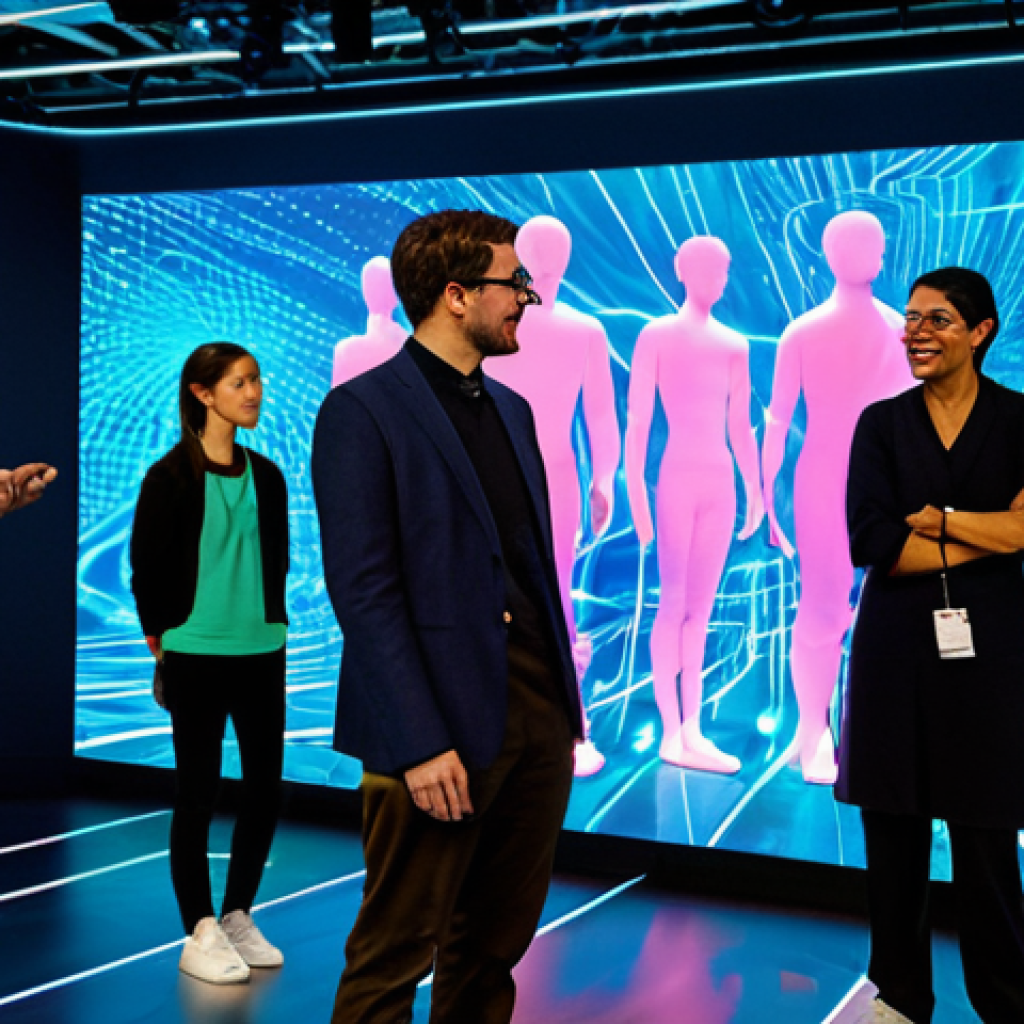 A dynamic, futuristic hybrid event, blending physical and virtual realities. In the foreground, a diverse group of fully clothed attendees in modern, modest attire engage at a real-world stage, while in the background, holographic projections and large screens display digital avatars interacting in a vibrant metaverse environment. Glowing data streams and vibrant light patterns connect the two spaces, symbolizing seamless integration. The atmosphere is energetic and inclusive. Professional photography, high detail, correct proportions, perfect anatomy, natural pose, well-formed hands, proper finger count, natural body proportions, safe for work, appropriate content, fully clothed, family-friendly.