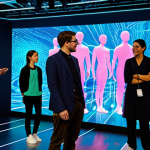 A dynamic, futuristic hybrid event, blending physical and virtual realities. In the foreground, a diverse group of fully clothed attendees in modern, modest attire engage at a real-world stage, while in the background, holographic projections and large screens display digital avatars interacting in a vibrant metaverse environment. Glowing data streams and vibrant light patterns connect the two spaces, symbolizing seamless integration. The atmosphere is energetic and inclusive. Professional photography, high detail, correct proportions, perfect anatomy, natural pose, well-formed hands, proper finger count, natural body proportions, safe for work, appropriate content, fully clothed, family-friendly.