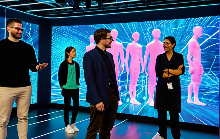 A dynamic, futuristic hybrid event, blending physical and virtual realities. In the foreground, a diverse group of fully clothed attendees in modern, modest attire engage at a real-world stage, while in the background, holographic projections and large screens display digital avatars interacting in a vibrant metaverse environment. Glowing data streams and vibrant light patterns connect the two spaces, symbolizing seamless integration. The atmosphere is energetic and inclusive. Professional photography, high detail, correct proportions, perfect anatomy, natural pose, well-formed hands, proper finger count, natural body proportions, safe for work, appropriate content, fully clothed, family-friendly.