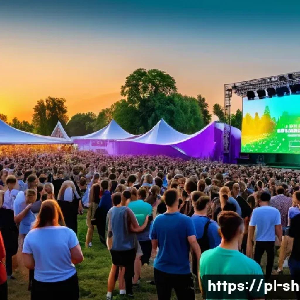 공연기획사의 최신 트렌드 분석 - A vibrant outdoor music festival in Poland during sunset, featuring a large diverse crowd enjoying a...
