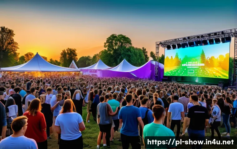 공연기획사의 최신 트렌드 분석 - A vibrant outdoor music festival in Poland during sunset, featuring a large diverse crowd enjoying a...