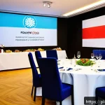 Home 19 공연기획사와 문화 행사 기획 차이 - A professional corporate event scene in Warsaw, Poland, showing a modern conference room with busine...