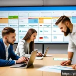 Home 18 공연기획사의 스케줄 관리 기술 - A modern event planning office scene featuring a diverse team of professionals collaborating around ...