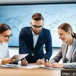 Home 23 공연기획사의 계약서 작성 팁 - A modern event planning office scene showing a professional team discussing a detailed contract on a...