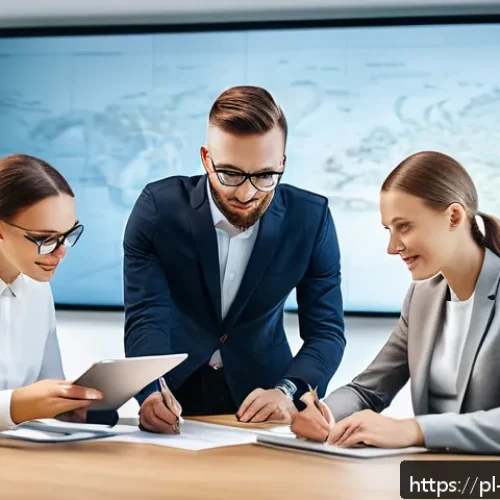 Home 17 공연기획사의 계약서 작성 팁 - A modern event planning office scene showing a professional team discussing a detailed contract on a...