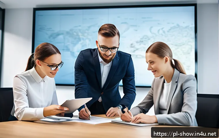 공연기획사의 계약서 작성 팁 - A modern event planning office scene showing a professional team discussing a detailed contract on a...