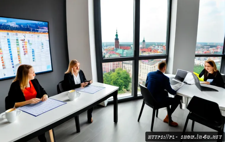 공연기획사의 업계 동향 파악 - Photorealistic Polish live event planning office, a diverse team of adult event organizers reviewing...