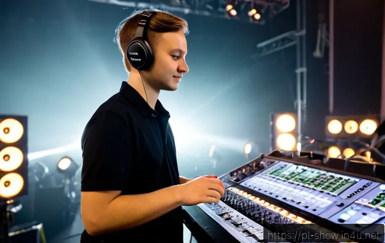 Home 17 공연기획사에서 실무 경험 쌓기 - Photorealistic young Polish event production assistant gaining hands-on experience backstage at a mo...